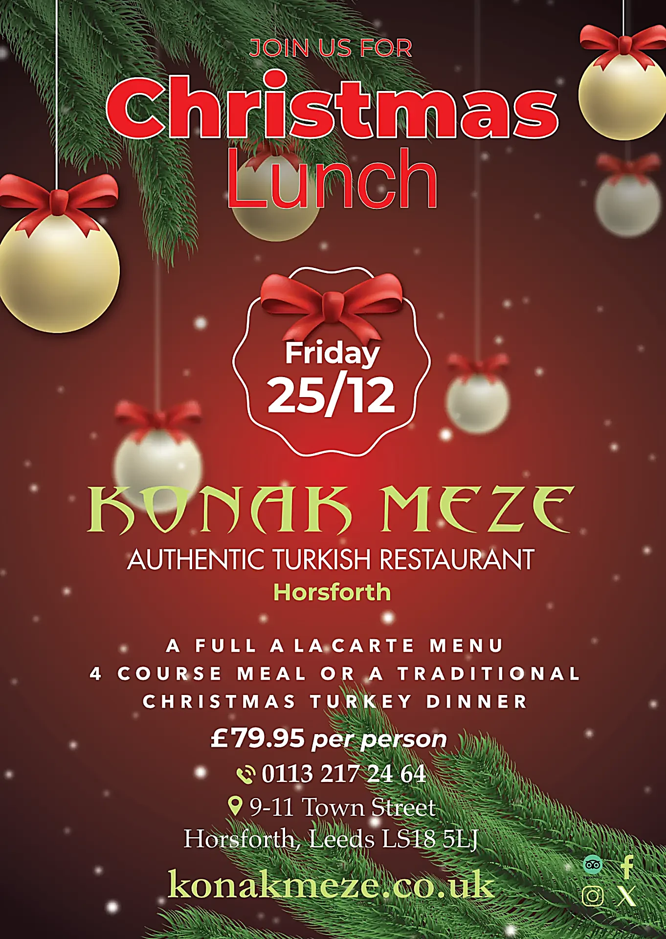 Christmas Lunch at Konak Meze Horsforth — Friday 25/12, £79.95 per person